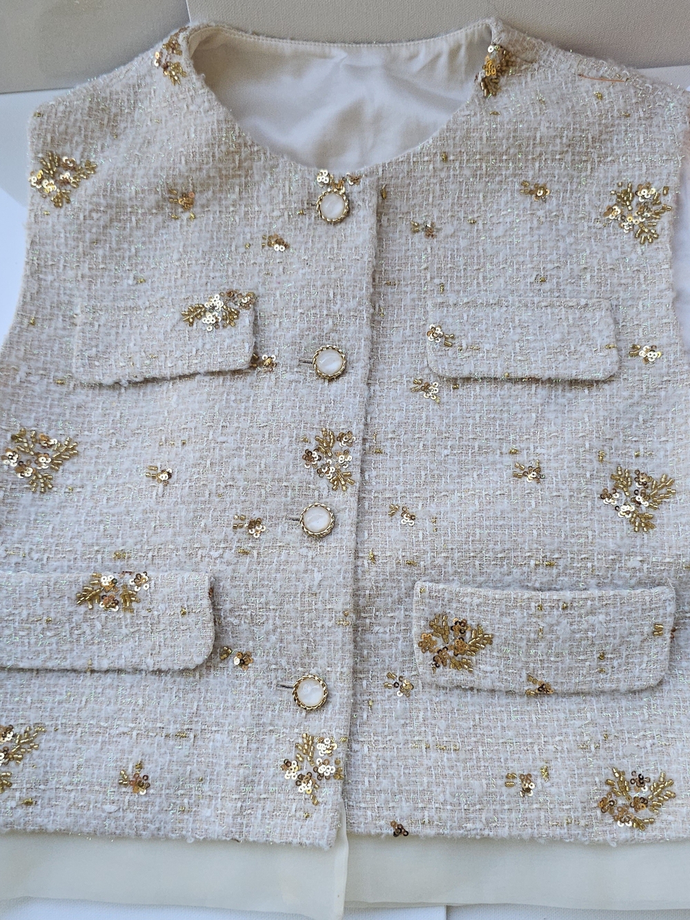 Embellished Cream Tweed Vest with Gold Sequins